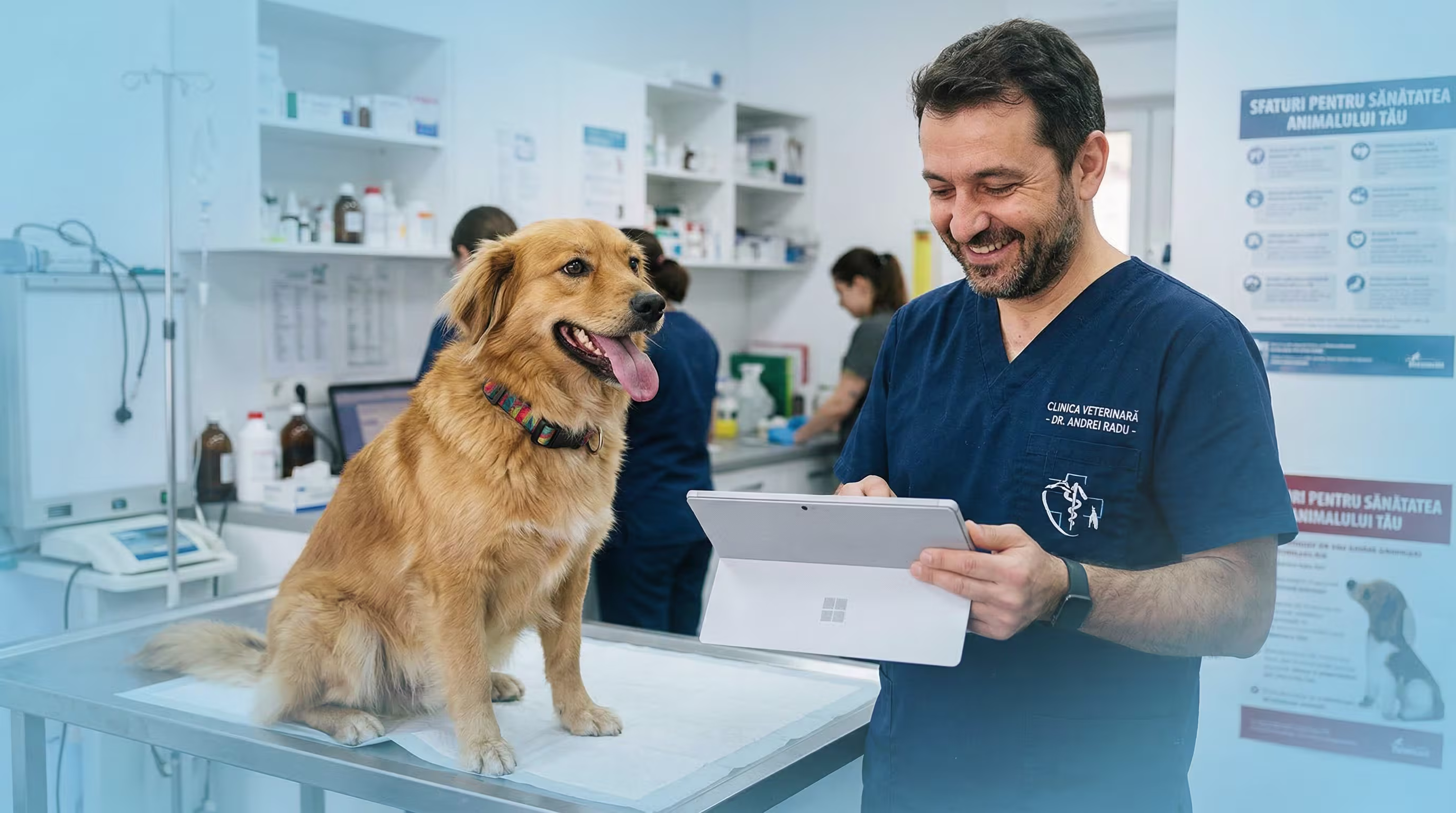 Medic veterinar consultând un animal de companie cu ajutorul softului veterinar Bluviv